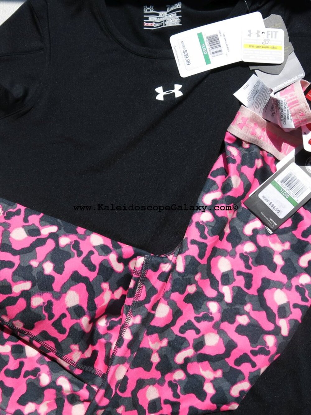 2pc Under Armour Girls Large Capri Leggings w/ T-Shirt Black Pink Leopard